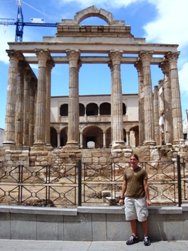 Poff in front of ruins in Merida, Spain